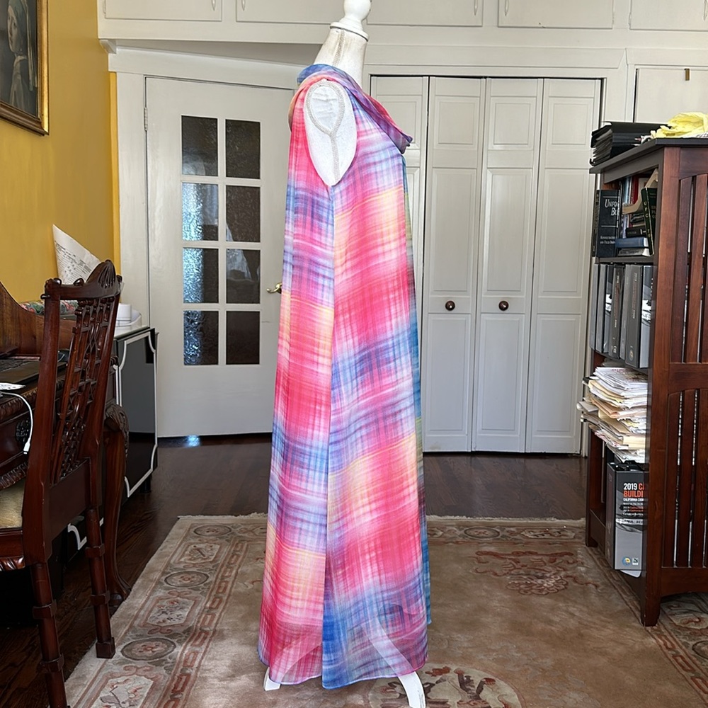 Soft Surroundings Carnevale Multi Plaid Maxi Dress Cowl Neck Pink Yellow Blue L - Picture 5 of 14